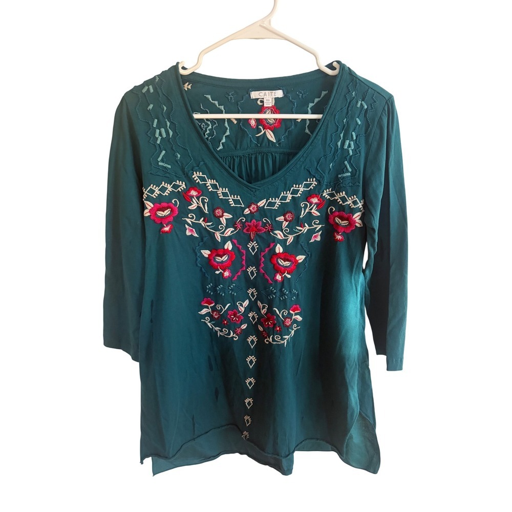 CAITE‎ Teal Embroidered Tunic Top Women's XS 3/4 Sleeve V-Neck Cotton